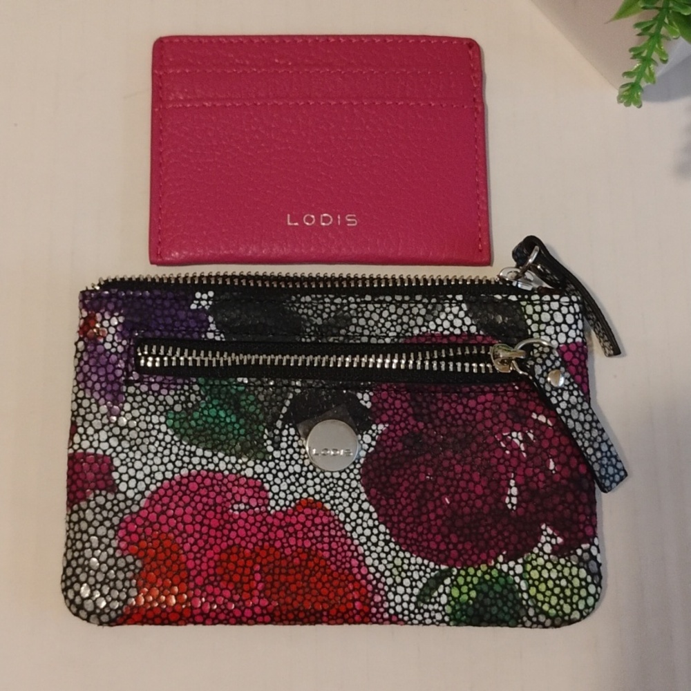 Lodis RFID Leather Metallic Floral Small Coin Zip Wallet w Card Case.